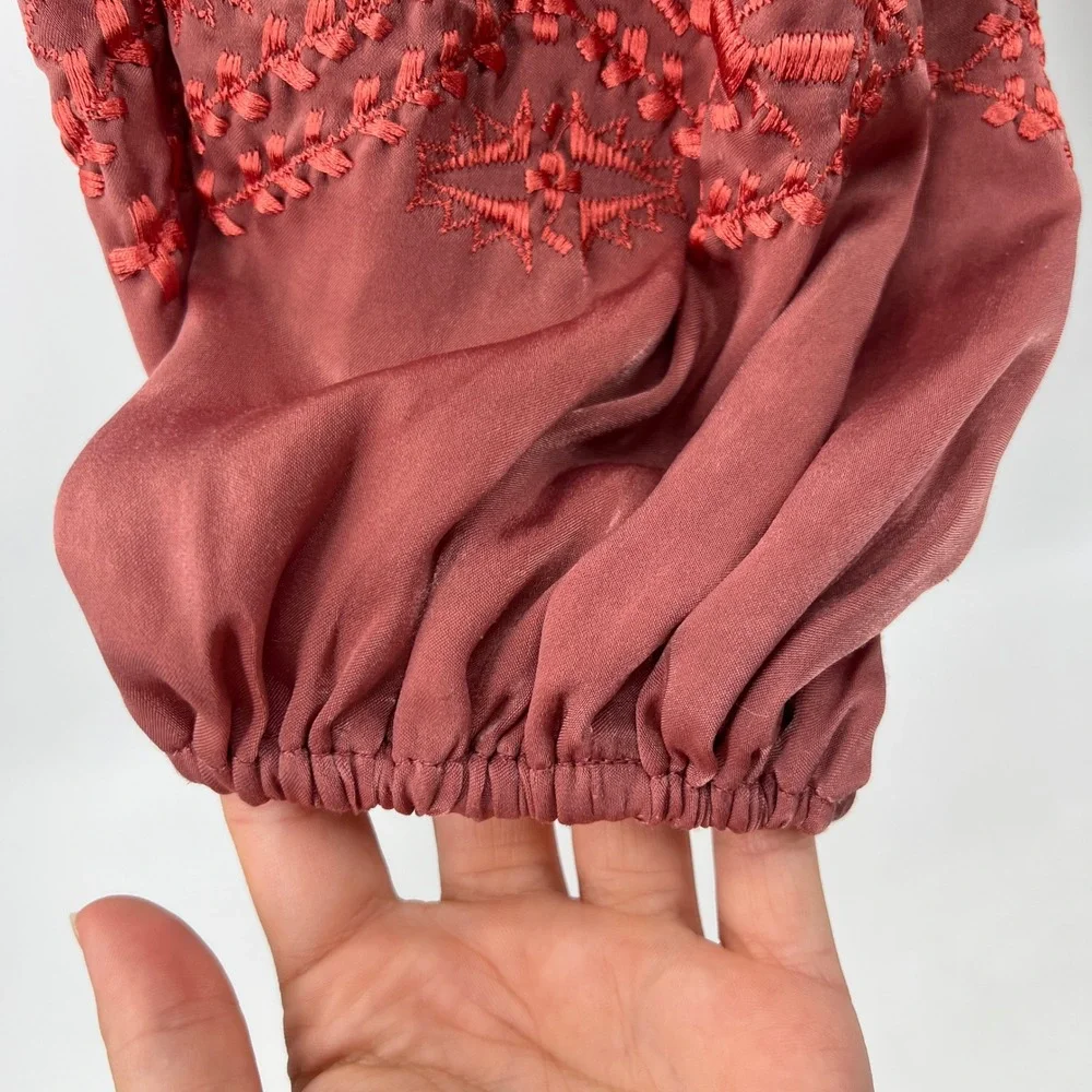 Free People Embroidered Top Womens Sz S Boho Satin Balloon Sleeve Festival
